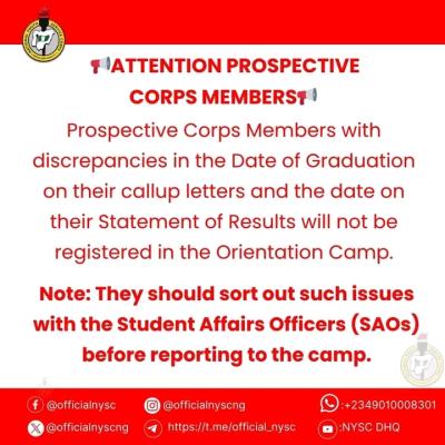 NYSC notice to Prospective Corps Members (PCMs) with discrepancies in the Date of Graduation