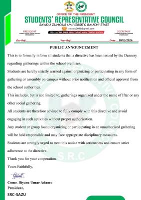 SAZU SRC notice to student regarding gathering and meetings on campus