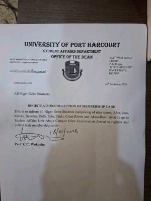 UNIPORT notice to Niger Delta students in the institution