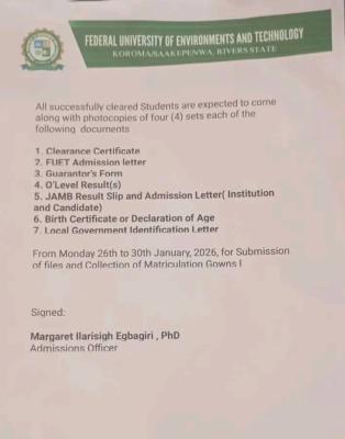 FUET notice to students on collection of matriculation gown