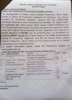Waziri Umaru Fed Poly Post-UTME 2023: cut-off mark, eligibility and registration details