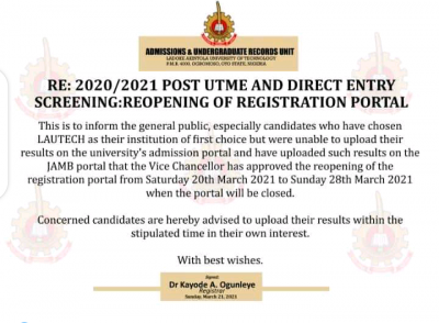 LAUTECH reopens portal for 2020 Post-UTME/DE Candidates to upload results