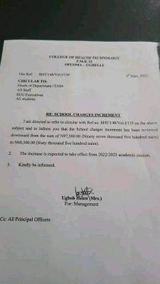 College of Health Ifuoma notice on increase of school charges