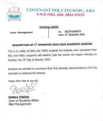 Covenant Polytechnic notice of 1st semester resumption, 2024/2025