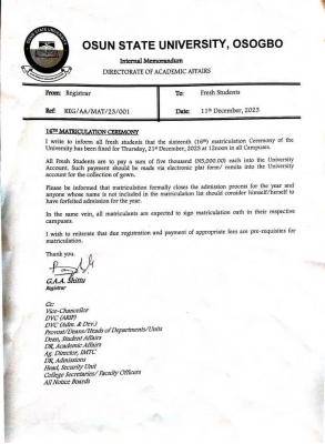 UNIOSUN notice on matriculation ceremony