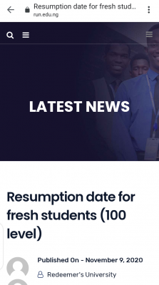 RUN resumption date for fresh students (100 level), 2020/2021 session