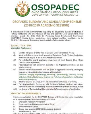 OSOPADEC Bursary and Scholarship Scheme for students admitted in 2018/2019 session