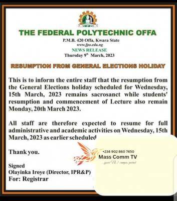 Offa Poly notice on resumption from Election break