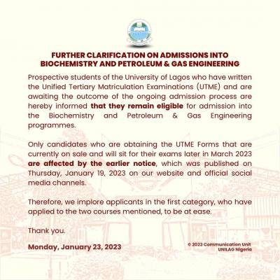 UNILAG update on admission into Biochemistry and Petroleum & Gas Engineering