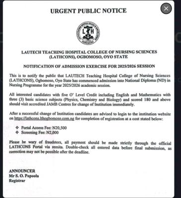 LAUTECH Teaching Hospital College of Nursing Sciences Admission, 2025/2026