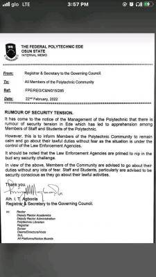 EDEPOLY notice on security tension within the campus