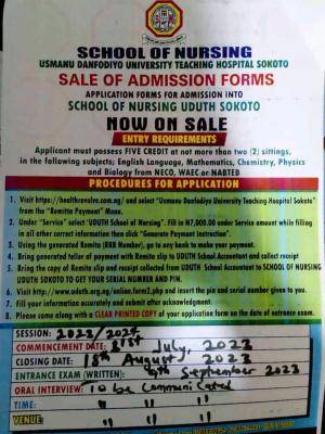 UDUTH Admission into School of Nursing, 2023/2024