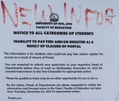 UNIUYO notice to students that are unable to pay school fees due to portal closure