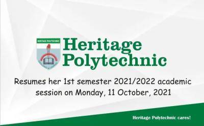 Heritage Polytechnic resumption date, 2021/2022
