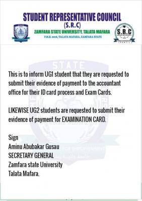 Zamfara State University SUG notice on ID card and exam card processing