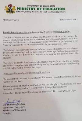Bauchi State Scholarship Board notice to applicants
