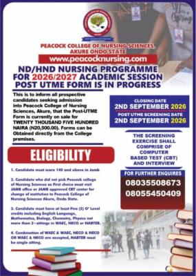 Peacock College of Nursing Sciences, Akure admission form, 2026/2027