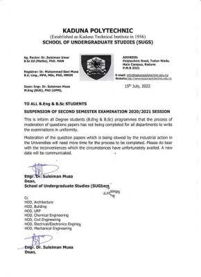 KADPOLY notice on suspension of 2nd semester exam 2020/2021 session