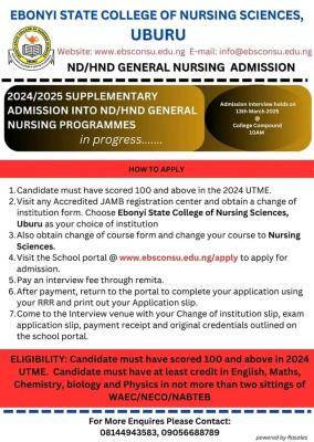 Ebonyi State College of Nursing Sciences ND/HND supplementary admission, 2024/2025