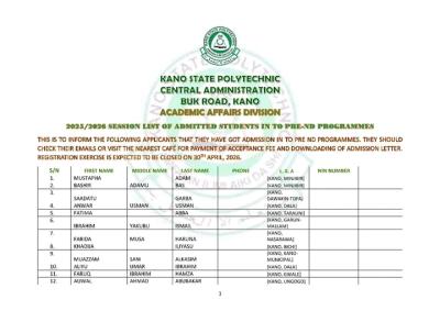 Kano State Poly School of Basic & Remedial Studies admission list, 2025/2026