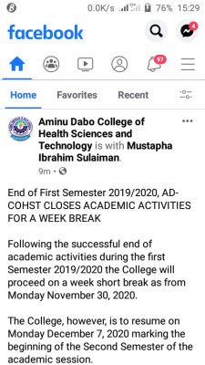 Aminu Dabo College of Health Sciences first semester break for 2019/2020
