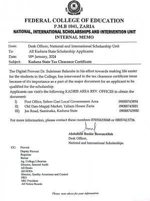 FCE Zaria update to all Kaduna State Scholarship applicants