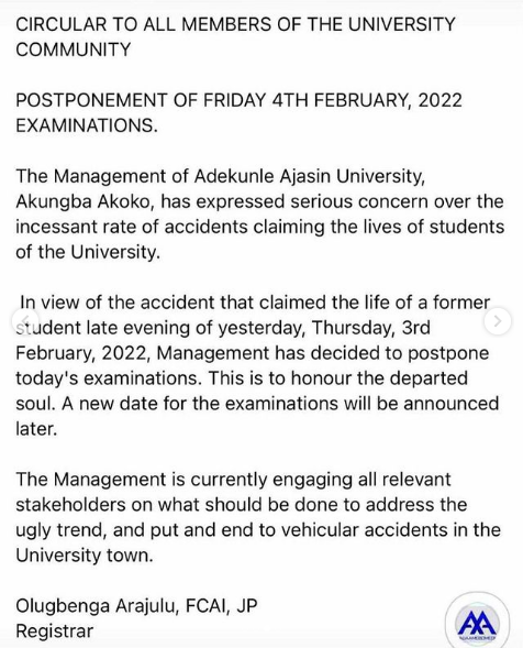 AAUA students protest as multiple students are confirmed dead from accidents in the school, exams postponed