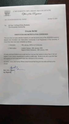 UNICROSS announces 2025/2026 orientation and matriculation ceremonies