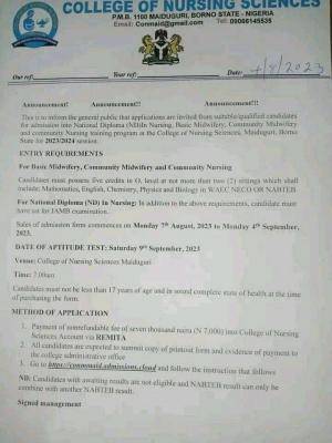 College of Nursing Science, Maiduguri announces admission forms, 2023/2024