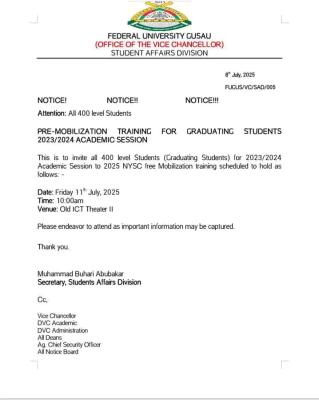 FUGUSAU issues notice to final year students on NYSC pre-mobilisation training