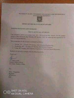 OAUSTECH notice to students on capturing & registration of ID cards