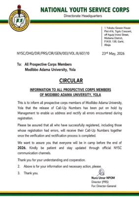 NYSC notice to MAUTECH prospective corps members