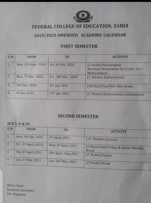 FCE Zaria amended academic calendar for 2019/2020-academic-session
