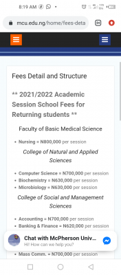Mcpherson University school fees structure for 2021/2022 session