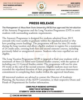 AKSU SUG notice on establishment of Amnesty and Long vacation Programme