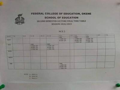 FCE, Okene 2nd semester Lecture timetable
