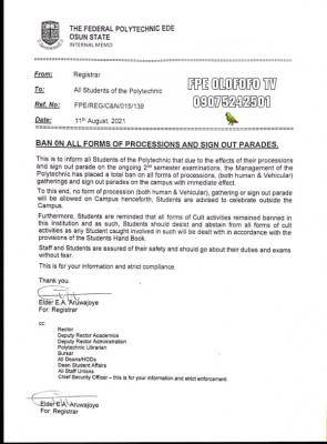 Federal Poly Ede bans all forms of procession & sign out parades