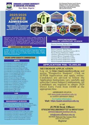 Emmanuel Alayande University of Education JUPEB Admission form, 2025/2026