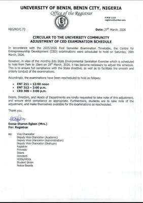 UNIBEN announces adjustment of CED examination schedule