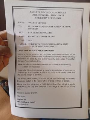 UNIUYO Faculty of Clinical Sciences notice to new students on collection of matriculation gowns