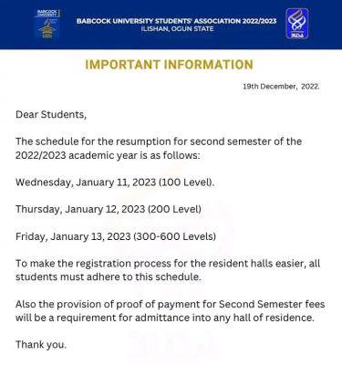 Babcock University Students Association resumption notice to students
