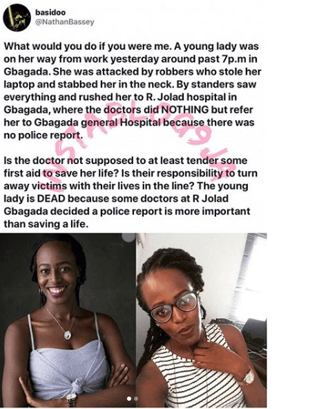 OAU Graduate dies as Hospital Refused to attend to her because of Police Report