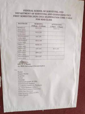 FSS Oyo first semester examination timetable, 2020/2021