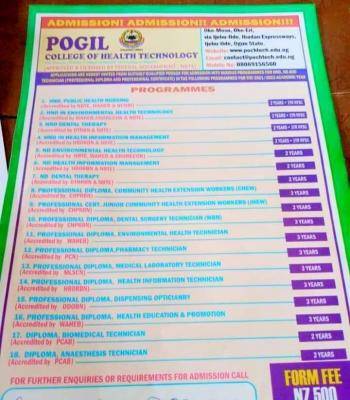 POGIL College of Health Technology admission forms for 2021/2022 session