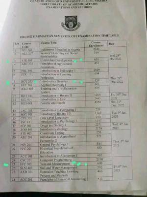 OAU CBT Examination timetable for 1st Harmattan Semester, 2021/2022