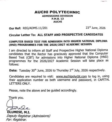 Auchi Poly schedules CBT for HND Admissions, 2026/2027 session