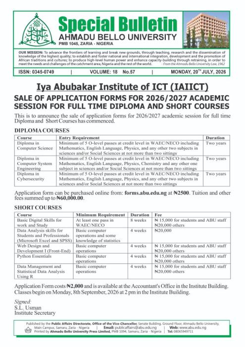 ABU Iya Abubakar Institute of ICT opens Diploma and Short Course Admission, 2026/2027