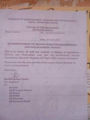 College of Agriculture, Lafia notice on 2nd semester exam, 2019/2020
