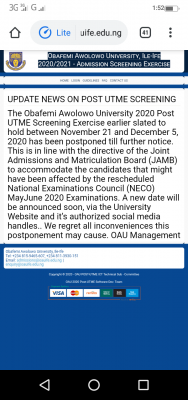 OAU postpones Post-UTME screening exercise for 2020/2021 session