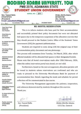 MAUTECH SUG update on hostel reservation